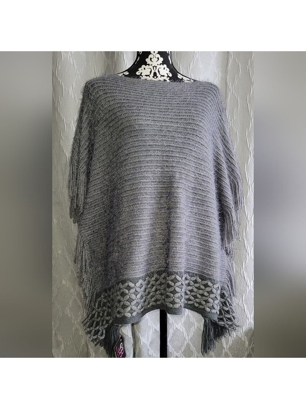 Gray Poncho with Fringe Sides